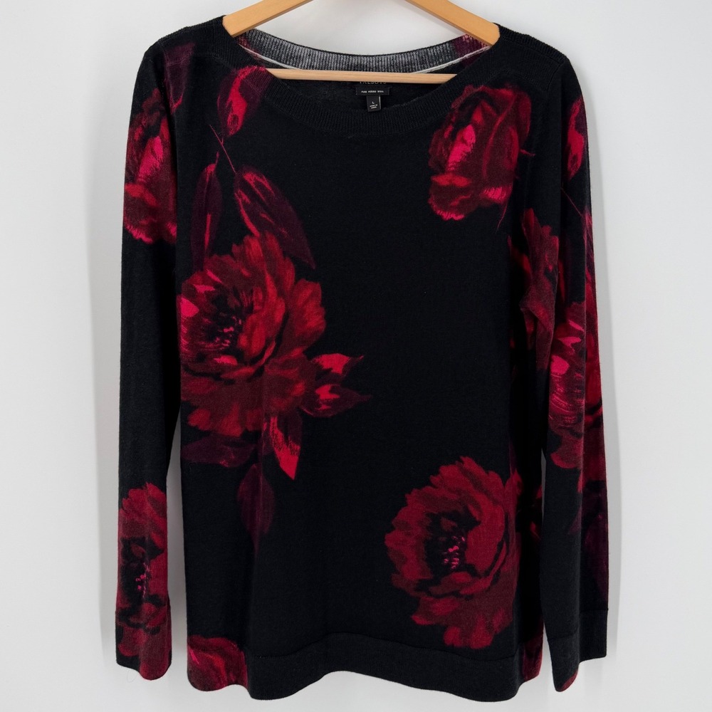 Talbots Dark Romantic Pure Merino Wool Floral Sweater Womens Large Black Red